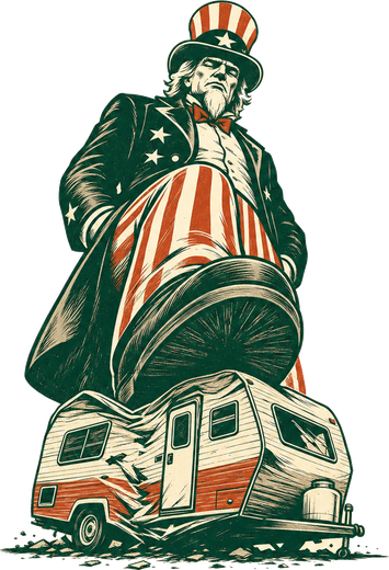 Uncle Sam's boot crushing a small camper trailer